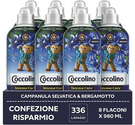 Coccolino Ammorbidente Concentrato Campanula Selvatica e Bergamotto, Ammorbidente Lavatrice Intense Care con Tecnologia Pro-Fibre, Formato 336 Lavaggi, 8 Pezzi da 980 ml