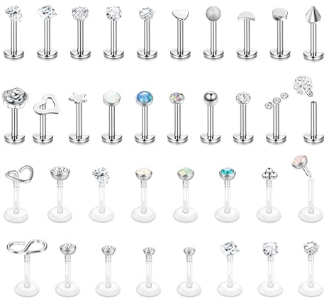 JeweBella 36Pièces 16G Piercing Tragus Helix Labret Lever Acier Chirurgical Piercing Oreille Cartilage pour Femme Homme CZ Opal Lune Coeur Labret Studs Boucles d'oreilles Medusa Piercing Nez Argent