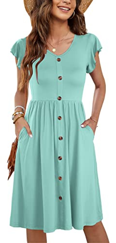 MOLERANI Women Summer Dresses Ruffle Sleeve V Neck Casual Swing Elastic Waist Midi Dress with Pockets Natural Light Green M