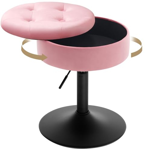 WOLTU Sgabello da Trucco Girevole, Sgabello Altezza Regolabile, Sedia da Bar Rotondo con Contenitore, Sedile in Velluto, Base in Metallo, per Cucina, Soggiorno, Rosa