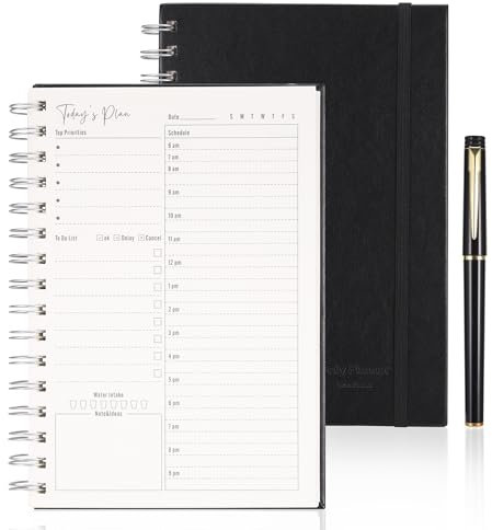JIANTA Tagesplaner Undatiert A5 Planer, To Do Liste Spiral Ringbuch mit Stift, To Do Planer mit Terminplan, PU-Cover Daily Planner für Büro, Haushalt und Studien