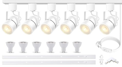 Bravsekai Advanced LED Track Lighting Kit with Replaceable GU10 Bulbs, 6-Lights Dimmable Track Lights with 2x1m H Type Track Rails, 10W 3000K Warm White Indoor Spotlight Fixture for Any Space