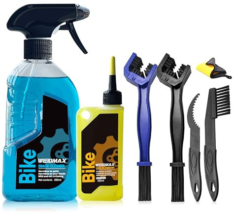 WEIDMAX Bike Cleaner, 7 in 1 Bike Cleaning Kit Includes 350ml Cleaning Spray, 100ml Chain Lubricant, 4 Brushes and 1 Towel, Bicycle Chain Cleaner for MTB, Road Bicycle Maintenance