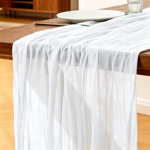 Käsetuch Tischläufer Milchweiß, 300 x 90 cm Boho Gaze Tischläufer Cheesecloth Läufer für Hochzeit, Geburtstagsfeiern, Babypartys, Weihnachten und Silvester von Tisch Dekoration