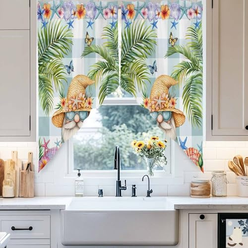 YOKOU Swag Curtains,Tropical Dwarf Palm Tree Kitchen Curtains Valance Tiers for Small Window Bedroom Bathroom Rod Pocket 2 Panel 28x36Gnomes Sea Star on Green Plaid