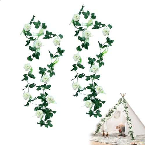 2 Pezzi 180 cm Ghirlanda Fiori Finti, Vite Rosa Artificiale con Fiori Bianchi, Appesi Piante Artificiali Fiori di Seta ed Edera Matrimonio per Hotel, Matrimoni, Casa, Feste e Decorazioni Giardino