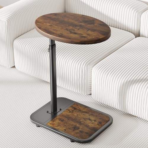 Mutool Lifting Side Table, C Shaped End Table Height Adjustable, TV Tray for Living Room Bedroom Office, Rustic Brown & Black