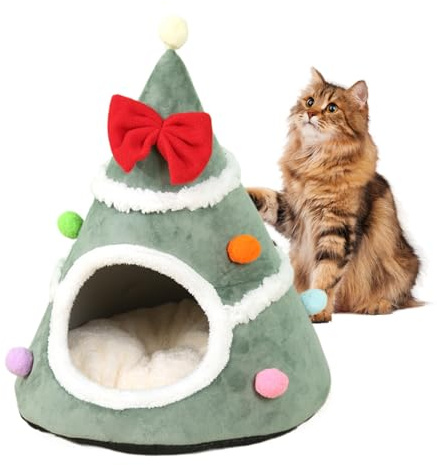 Lit pour Chat en Forme d'arbre De Noël,Coussin Chaud Détachable | Caverne pour Chat D'Intérieur De Noël - Convient Aux Races Petites Moyennes Et Grandes pour Le Salon La Chambre Le Balcon pour Le Jeu