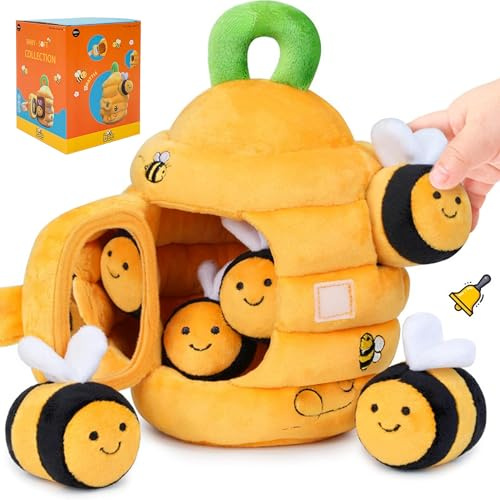 CATCHLUCK Baby Bee Toys 6-12 Months, Fun Beehive with 5 Stuffed Sensory Bees, Rattle, Crinkle, Mirror, Montessori Toys for Babies Toddlers 1-3, Infant Toy Baby Shower Birthday Gifts
