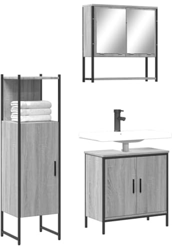 Holamys 3-TLG. Badrumsmöbelset gråa Sonoma-träbaserade material, väggmontering, förvaringsutrymme för badrum, 60 x 16 x 60 cm spegelskåp, 60 x 30 x 60 cm tvättställsunderskåp, 33 x 33 x 120,5 cm