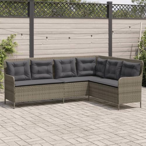 Frdhee Meubles de terrasse - Canapé de jardin en forme de L avec coussin - Gris - En polyrotin - Canapé extérieur pour terrasse, véranda et piscine