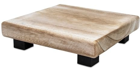 Spetebo Petit tabouret à fleurs en bois naturel carré - 21 x 21 cm - Mini tabouret pour plantes avec 4 pieds en noir - Tabouret décoratif en bois véritable - Plateau cadeau