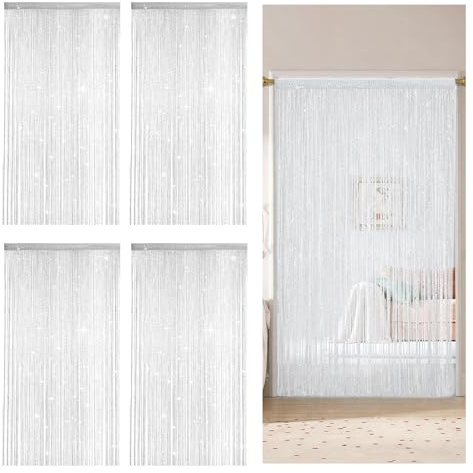 BOUFEIDA 4 Tende a Fili per Porta, 100x200 cm Tende a Filo per Interni, Tenda Porta con Brillantini, Decorazione per Finestre, Divisori, per Matrimoni, Feste (bianco)