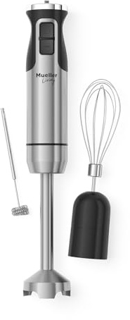 MuellerLiving Ultra-Stick Immersion Hand Blender, 500W Heavy Duty Motor, 8-Speed Turbo Setting, Includes Blending Shaft, Whisk, Milk Frother & Measuring Beaker
