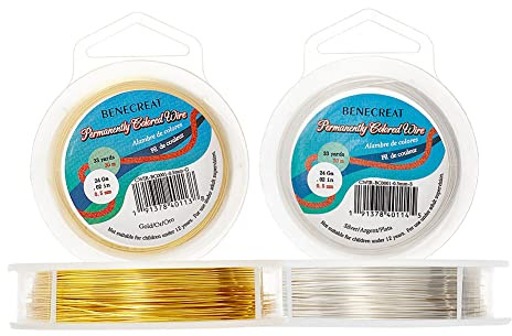 BENECREAT 2PCS 0.5mm(24 Gauge) Tarnish Resistant Wire, Mixed color(Gold and Silver), 30M/33 Yard per color, 2 Color/Set