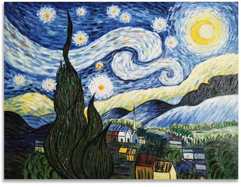 Fokenzary – Pintura al óleo pintada a mano sobre lienzo – Reproducción de la noche estrellada de Van Gogh – Enmarcada, lista para colgar – lienzo, 60 x 80 cm