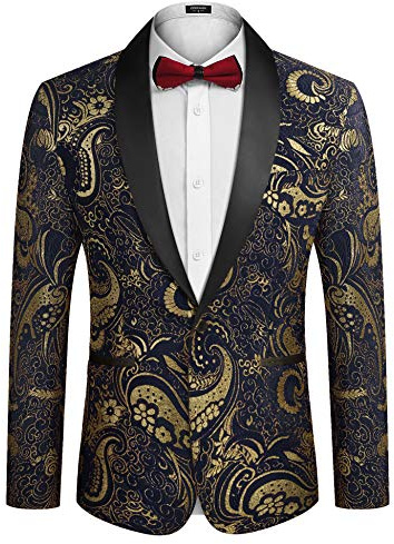 Coofandy Chaqueta de Esmoquin Floral para Hombre, de Lujo, Bordada, Azul Marino, Small