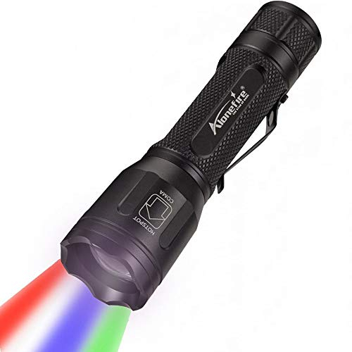 Alonefire X32 4 en 1 Lampe de Poche LED Multicolore Blanc Bleu Vert Rouge Rechargeable Zoom Couleur Tactique avec Chargeur de Batterie, Pile Incluse pour Camping Randonnée Chasse Pêche Pédestre
