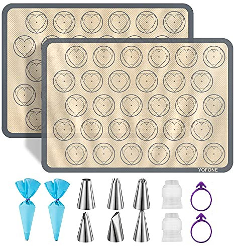 YOFONE Set di tappetini da forno in silicone con stampo a forma di cuore/macaron, include 6 punte per tubazioni, 2 sac à poche e 2 fascette per sacchetti, fodere antiaderenti riutilizzabili