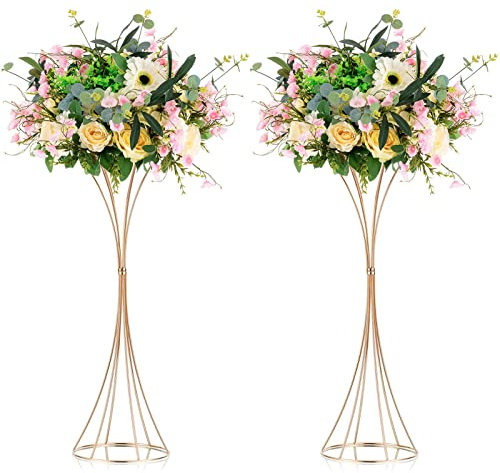 NUPTIO 2 Pcs Trumpet Vases for Centerpieces 26in Tall Gold Vase, Wedding Centerpieces for Tables, Artificial Arrangement Flower Stand for Anniversary Party Birthday Event Aisle Home Reception Decor