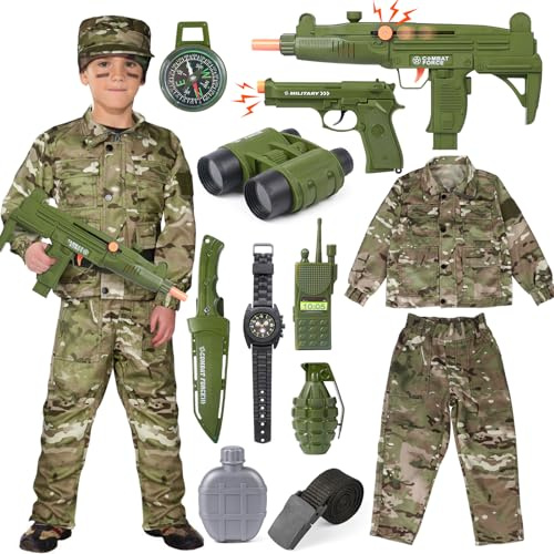 Vamei 13Pezzi Costume Militare Bambino Tuta Militare per Bambini Costume da Soldato Bambino con Walkie-Talkie Mitra Pistola Giocattolo Militare Cappello Mimetico per Bambino Ragazzo Ragazza 10-11 Anni