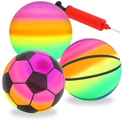 Gukasxi 3 Stück Regenbogen Inflation Strand Bälle mit Pumpe, Rainbow Bouncy Kickball Kinder Sport Spielen Ball Wasserball Fußball Handball Spielzeug für Indoor Outdoor Spielplatz Aktivitäten