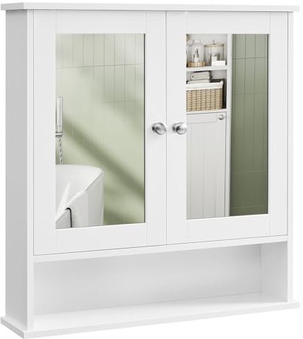 VASAGLE Bathroom Cabinet with Mirror, Wall Cabinet with 2 Mirrored Doors and Open Compartment, Adjustable Shelf, Wall-Mounted, 15 x 65 x 75 cm, White LHC012W01
