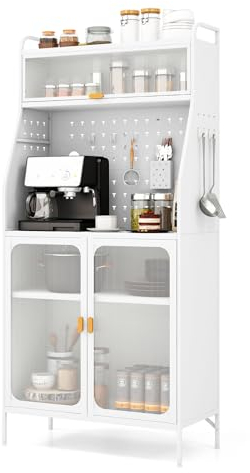 COSTWAY Buffet Cuisine Rangement, Armoire de Rangement avec Panneau Perforé, 2 Placards à Portes Transparentes, 8 Crochets, 1 Panier Suspendu, Étagère Réglable, Buffet Haut, 76 x 36 x 161 cm