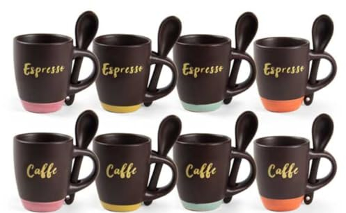 Utilissimi EDITACASA-Set 8 tazzine con cucchiaino | Set Cafè - colore marrone in Ceramica | Tazza da 100cc | con Pratico Manico Porta cucchiaino - CEZ/TAZZ.C/C 100CC AS 6,6CM 878053