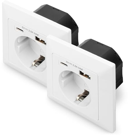 DIGITUS DA-70615 – Flush-Mounted Socket with USB Charger – Pack of 2 – 1 x USB-A up to 2.8 A / 1 x USB-C up to 2.8 A – Installation Depth 32 mm – Conditionally Designable – Pure White RAL 9003