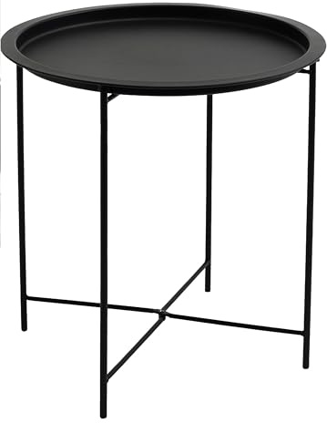 DK HOME Mesa Auxiliar Redonda de Metal Negro con Bandeja, Estilo Moderno, 47 cm de Diámetro x 51 cm de Altura, Base Plegable