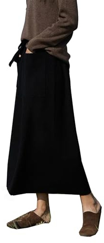 FM2018XSL Gonna Lunga Inverno Donna Elegante Gonna Lana Lunga con Tasche Elastico in Vita Alta Gonna Midi Plissettata (IT, Testo, Taglia Unica, Regular, Regular, Nero)
