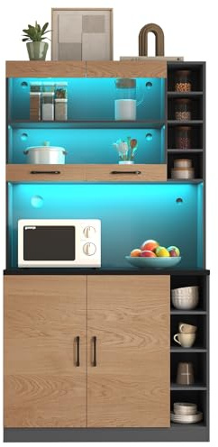 KecDuey Armadio alto da cucina, 100 x 47 x 187 cm, buffet con illuminazione a LED e fori per cavi, cucina in legno, grande spazio per microonde, ripiani (naturale e grigio)