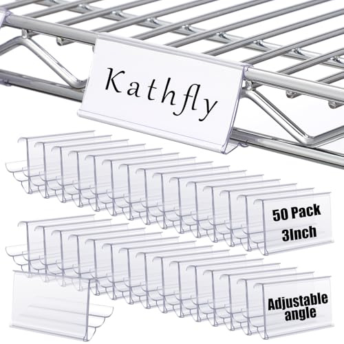 Kathfly 50 Pack Wire Shelf Label Holders Shelf Cable Tags for Wire Shelving 3 Viewing Angles 3 Adjustable Clear Plastic Rack Label Holder Retail Clips Compatible with 1-1/4in Metro Shelving