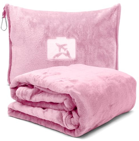 Manta de viaje 2 en 1 y almohada de viaje con cremallera, almohada multifuncional, suave y cálida, manta de avión, manta compacta para avión, coche, oficina, viajes, 127 x 152 cm (rosa)