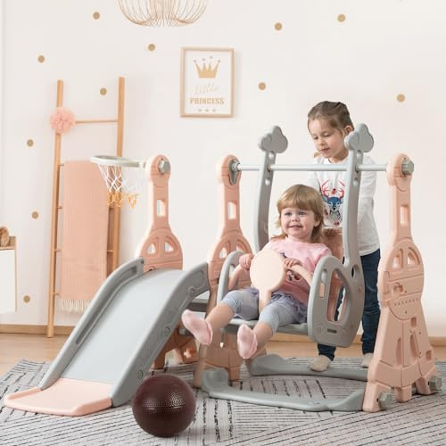Toboggan pour Enfant 4 en 1 avec Panier de Basket,Enfant Balançoire Toboggans autoportant, échelle d'escalade, Toboggan pour Enfants de 1 à 6 Ans - pour l'extérieur et l'intérieur