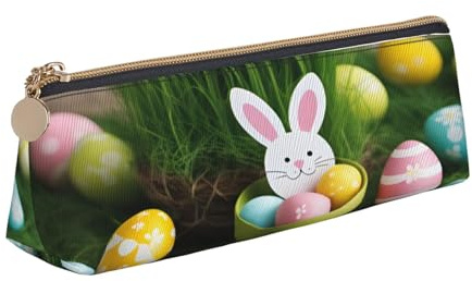 njkhbolk Sac de rangement triangulaire en cuir avec motif œuf de Pâques, lapin, herbe, pour crayons, stylos, maquillage