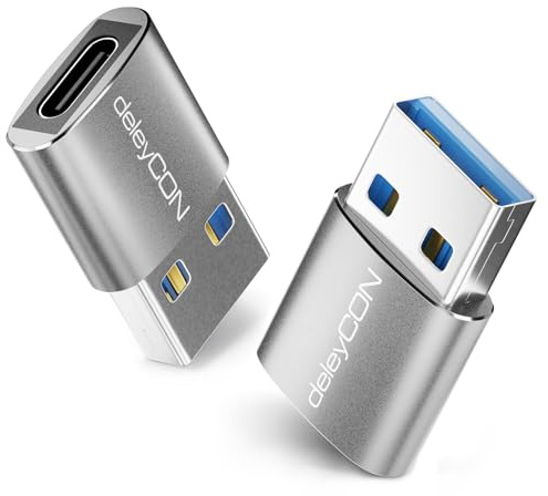 deleyCON Adaptador USB C (2 Unidades) USB 3.0 5 Gbps - USB-C Hembra A USB-A Macho - para iPhone Serie 17 16/15, iPad, Galaxy Series S25/S24/S23, A56, A16, Portátil, Notebook, CarPlay, etc.
