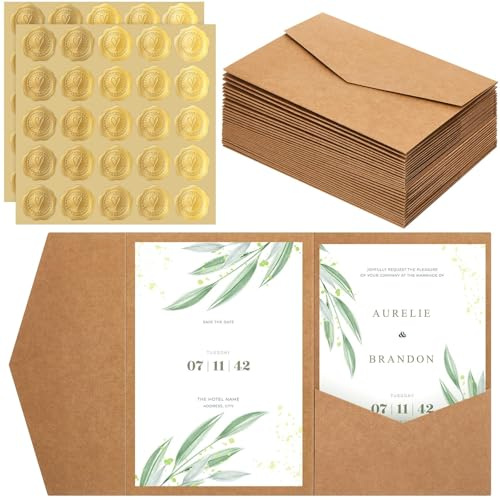 Tenare Sobres de Papel Plegables y Sellos de Cera Autoadhesivos para Sobres DIN A6 Tarjetas de Invitaciones de Boda Tarjeta de Boda de Cumpleaños(Color del Papel Kraft,30 Unidades)
