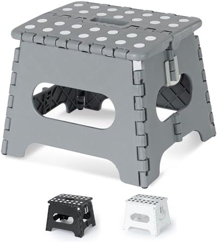 LIVIVO 9 Folding Step Stool - Lightweight Foldable Step Stool for Adults and Kids, 150kg Capacity Folding Stool with Carry Handle for Easy Storage, Small Foldable Stool for Kitchen, Bathroom - Grey