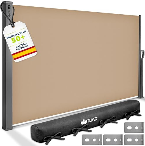 tillvex® Store latéral 160 x 300 cm extensible et opaque avec Housse de protection | Brise-vue pour balcon, jardin et terrasse | Support mural | Protection solaire en acier inoxydable | Contre le vent