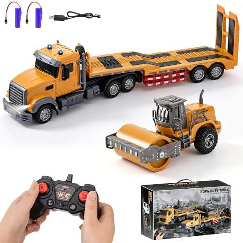 LTFIOON Ferngesteuerte LKW mit Anhänger,2.4Ghz Tieflader Ferngesteuert mit Sound und Lichter,RC Sattelauflieger Engineering Traktor mit Straßenwalze Baufahrzeugspielzeug,Geschenke für Jungen & Mädchen