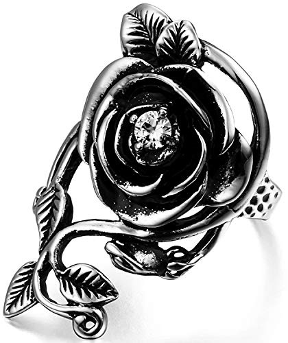 OIDEA Bague vintage en acier inoxydable avec fleur de rose et vigne - Bague de fiançailles pour femme - Noir et argent, Acier inoxydable, Aucune pierre précieuse