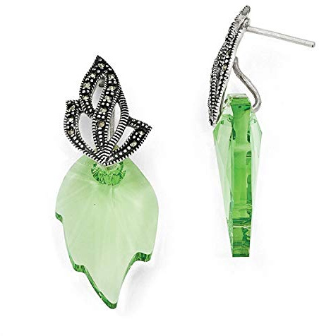Sterling Silver Drop Earrings with Faceted Green Crystal, Marcasite Accents, Leaf Motif Design, Art Nouveau Botanical Style, Nature Inspired Dangle Jewelry for Women, Vintage Silver Earrings