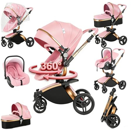 Magic ZC 360° Drehbarer PU-Leder Kinderwagen 3 in 1, Kombikinderwagen 3 in 1 Komplettset mit Umkehrbarem Zwei-Wege-Schub, Buggy mit Zubehör, Faltbarem Tragbarem One-Click-Design (906 Pink)
