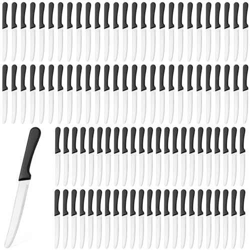 Zhehao 100 Pcs Steak Knives 8.39 Inches Rounded Serrated Steak Blade Knife Stainless Steel Round Tip Knife with Plastic Handle for Kitchen Butter Restaurant (Black)