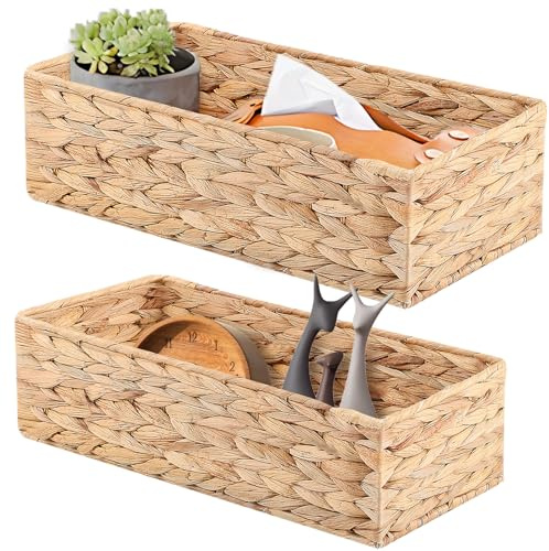 YheenLf Cestas de Almacenaje, Cajas de Almacenamiento para Organización, Cestos de Mimbre Baño, para Dormitorio, Dos Juegos, Grande 37×16.5×11cm, Pequeño 33×12.5×10cm, Jacinto de Agua