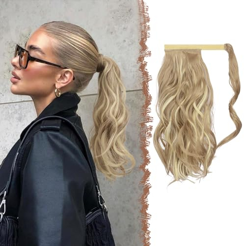 FESHFEN Wellen Pferdeschwanz Haarteil 35 cm Natürlich Lockig Pferdeschwanz Verlängerung Zopf Synthetik Haarverlängerung Ponytail Haare Extension für Damen, Dunkles Aschblond Gemischt Bleichblond