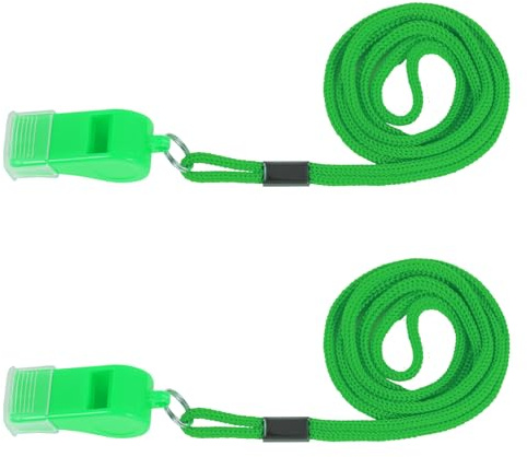 Plume'CHJ 2 Packs Plastic Sports emergency whistle with lanyard and mouth Grip, loud and clear sound, plastic whistle is perfect for lifeguards, self-defense and emergencies（2-green）