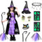 BIQIQI Hexenkostüm Mädchen, 7-teiliges Hexen Kostüm kinder Halloween Hexenkleid mit Hexenhut Halskette Aufkleber und Zauberstab Hexe Accessoires für Kinder Halloween Karneval Fasching Cosplay Party M